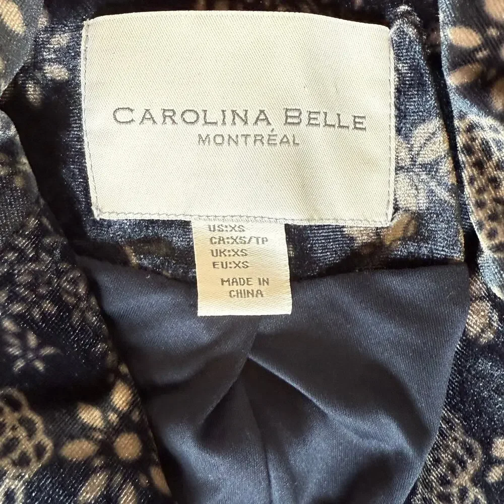 Carolina Belle Montreal Velvet Blazer XS Navy Blue Beige Floral Double Breasted